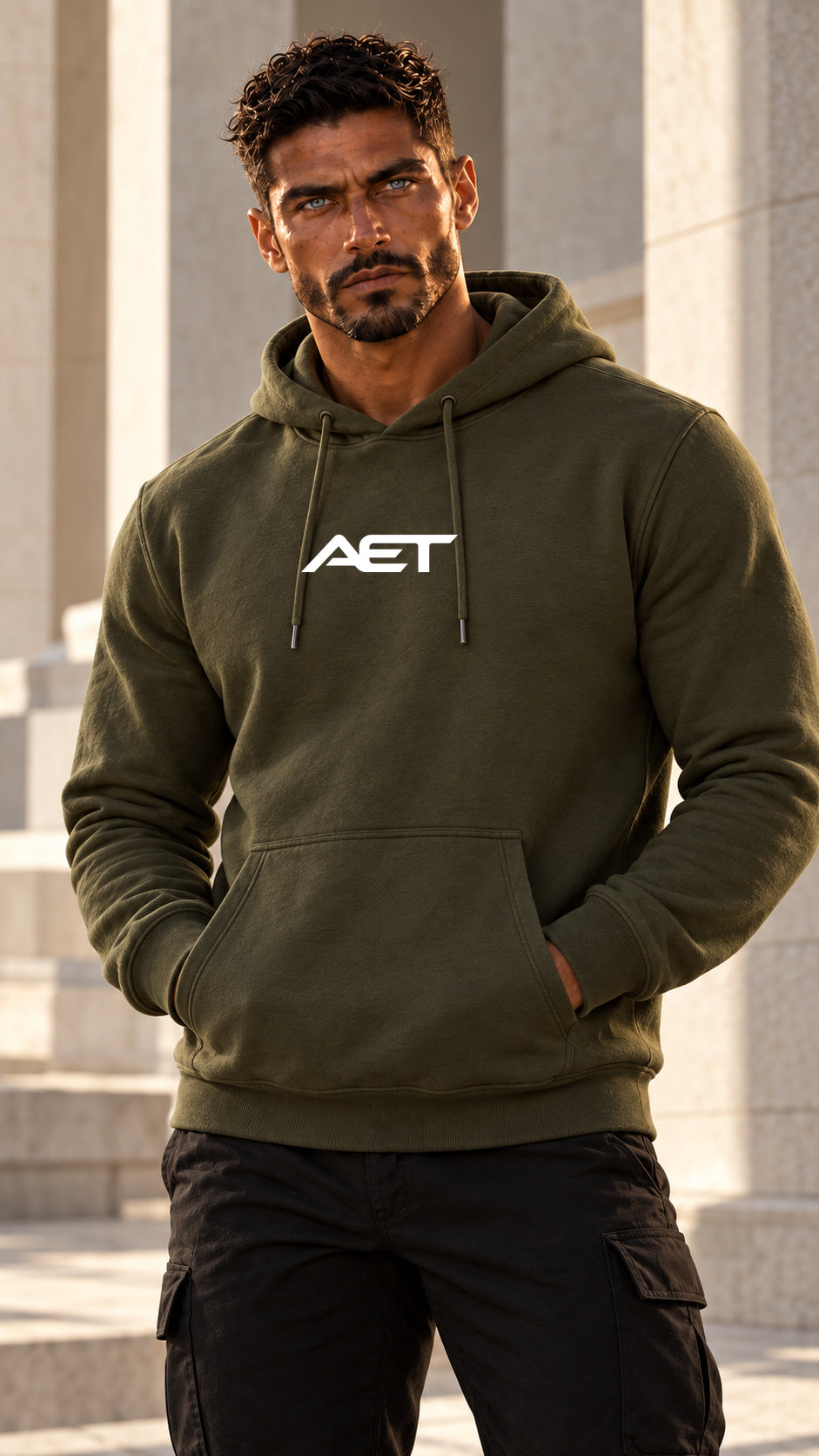 Rael Noir wearing the AET Core Hoodie in army green