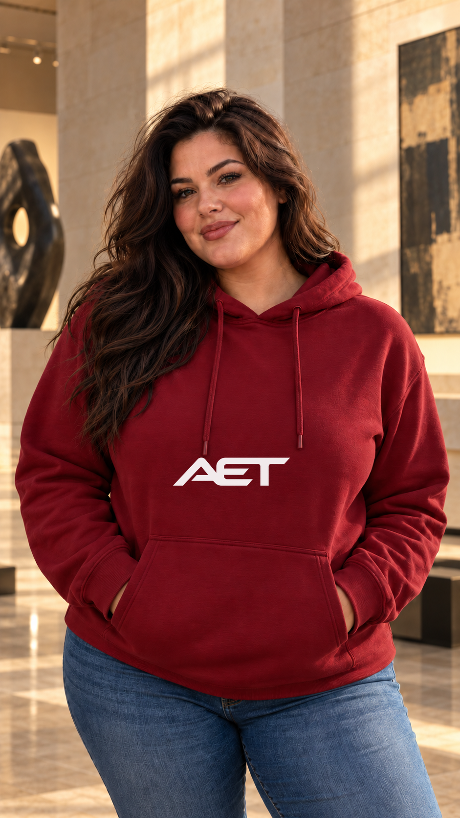 Valentina wearing the AET Core Hoodie in Maroon, featuring the connected AET wordmark.