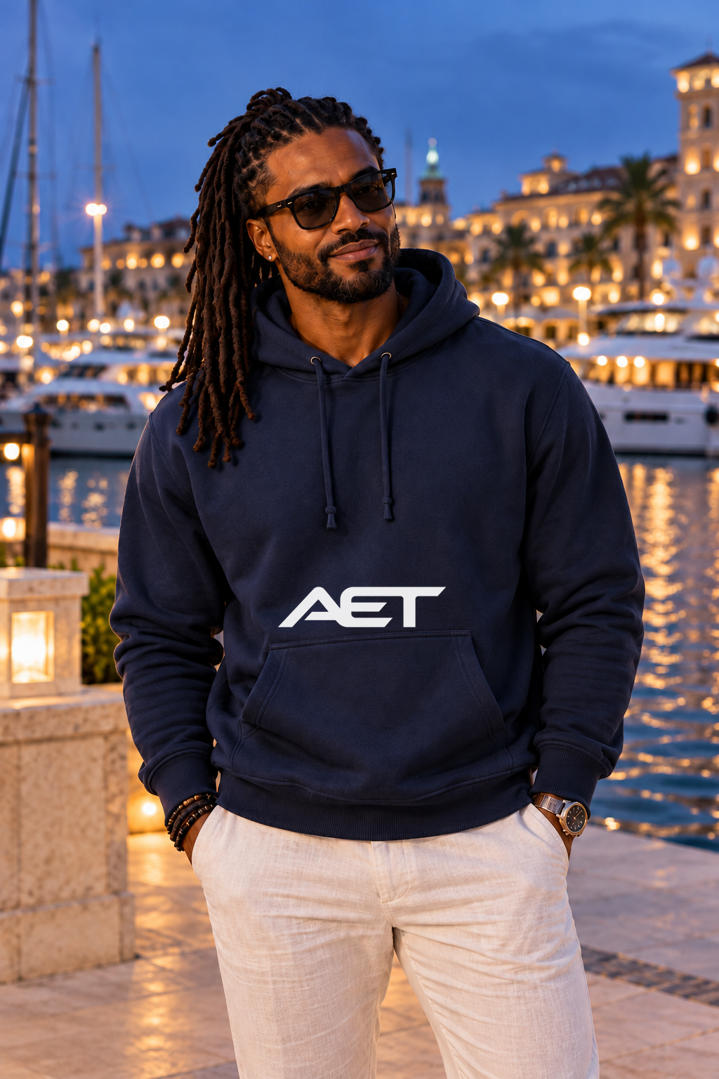 Kael wearing the AET Core Hoodie in Royal, featuring the connected AET wordmark.