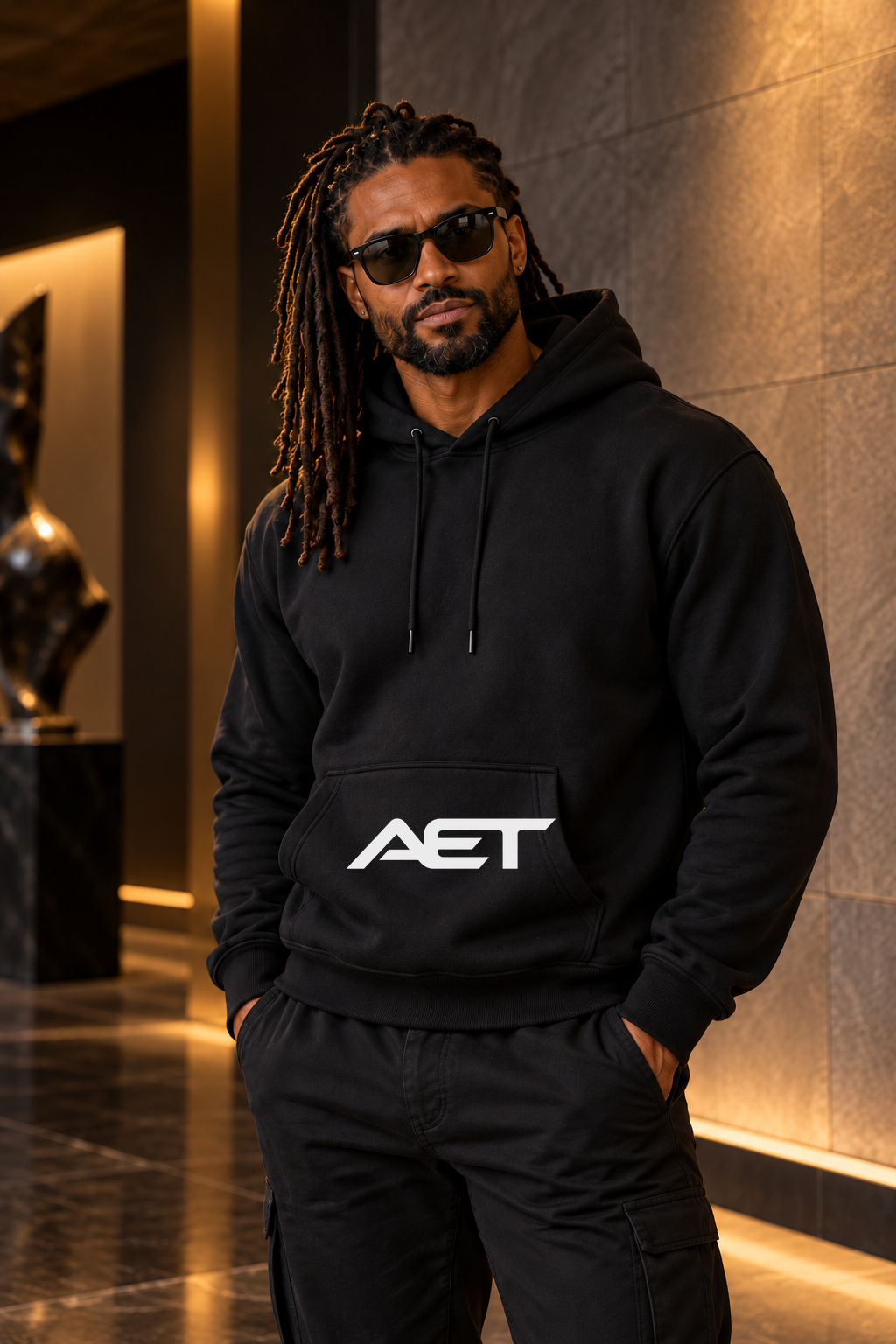 Valentina wearing the AET Core Hoodie in Sport Grey, featuring the connected AET wordmark.